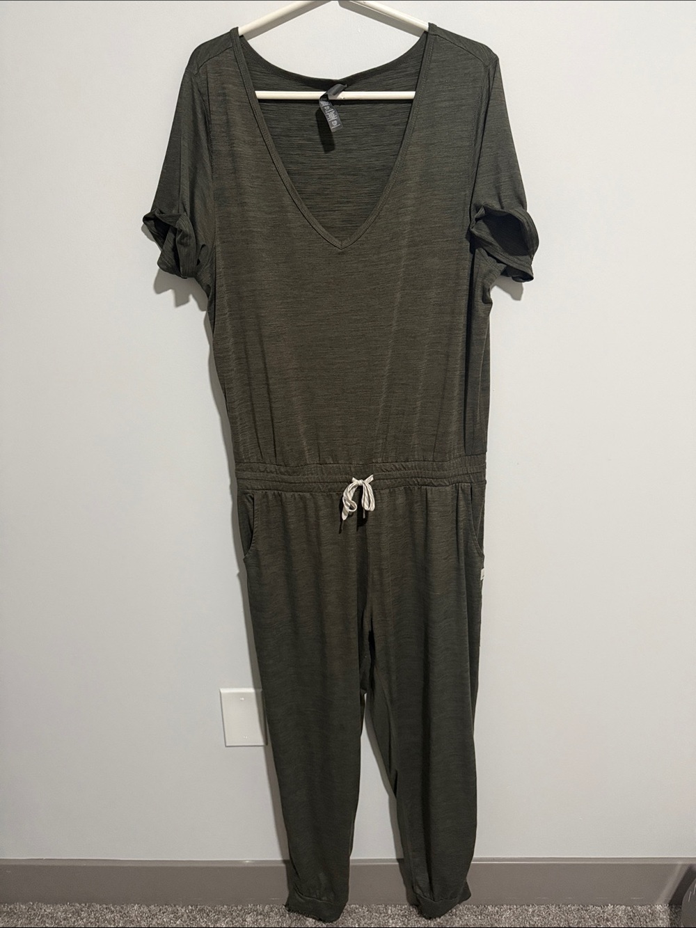 Vuori Olive V-Neck Short Sleeve Drawstring Jumpsuit